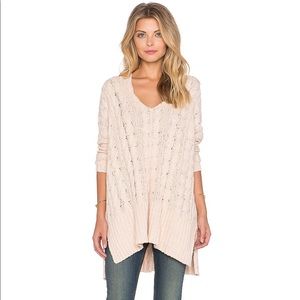 Free People Easy Cable V Neck Sweater in Champage